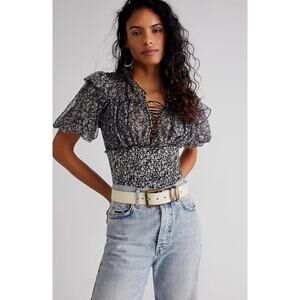 Free People Beatrice Black Smocked Floral Top With Flouncy Sleeves XS